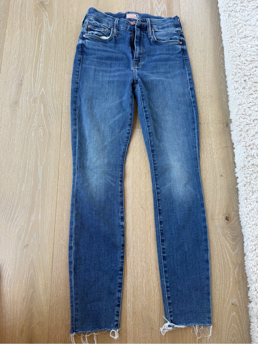 MOTHER straight skinny blue jeans.